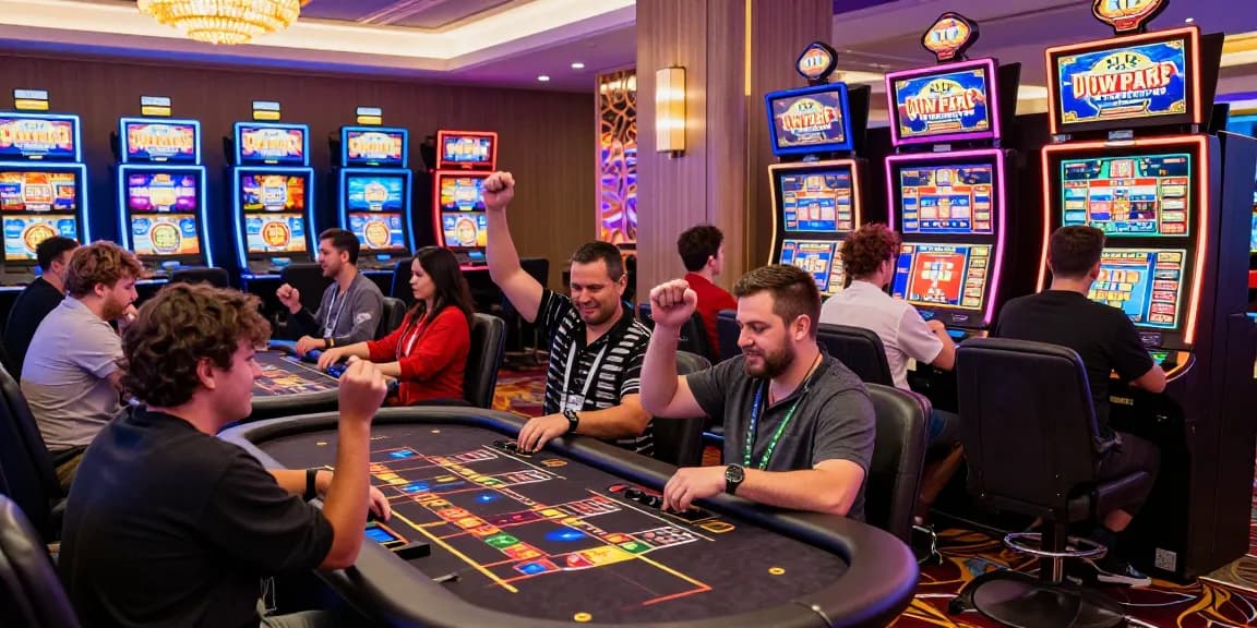 Dewavegas No. 1 Asia players celebrating big wins at a vibrant online casino gaming scene.