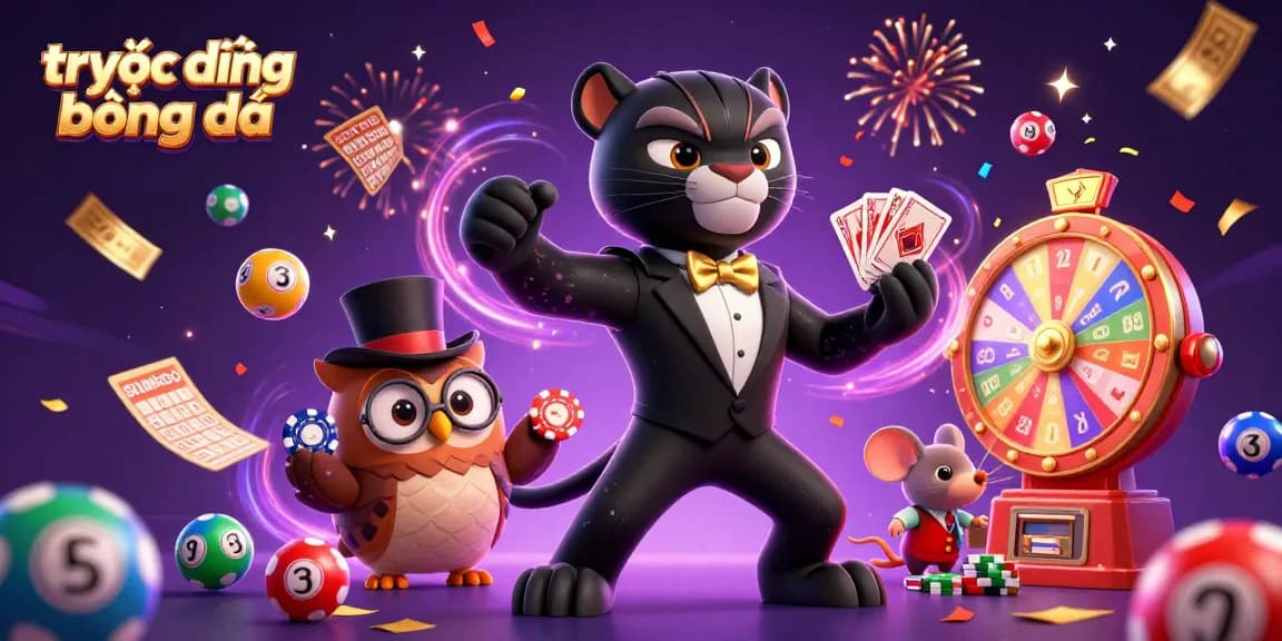 Experience trực tiếp bóng đá excitement with a stylish panther, adorable owl, and lucky mouse in a vibrant casino scene.