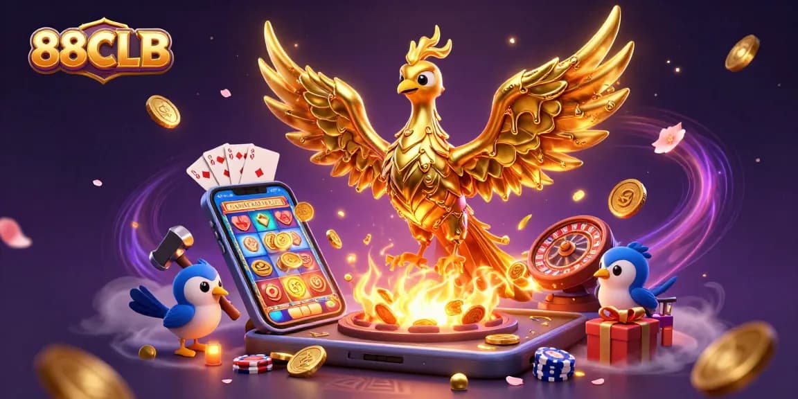 Experience thrilling wins at 88CLB with a stunning casino scene featuring a golden phoenix.
