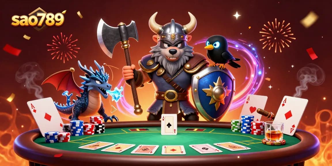 Sao789 brings excitement to life with a Viking warrior, dragon, and poker elements in a dazzling 3D casino scene.