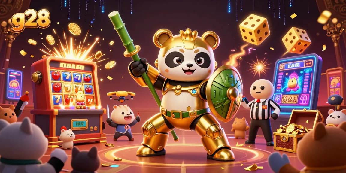 Engage with exciting g28 gambling action in this vibrant, dynamic 3D illustration featuring games and jackpots.