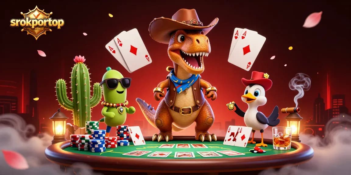 Srokportop showcases a colorful poker scene with a cowboy T-Rex, cactus, and roadrunner in action.
