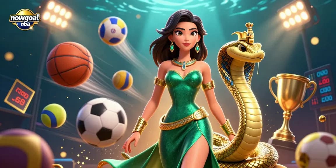 Bet on nowgoal nba with luminous sports elements and a striking 3D woman in an emerald dress.