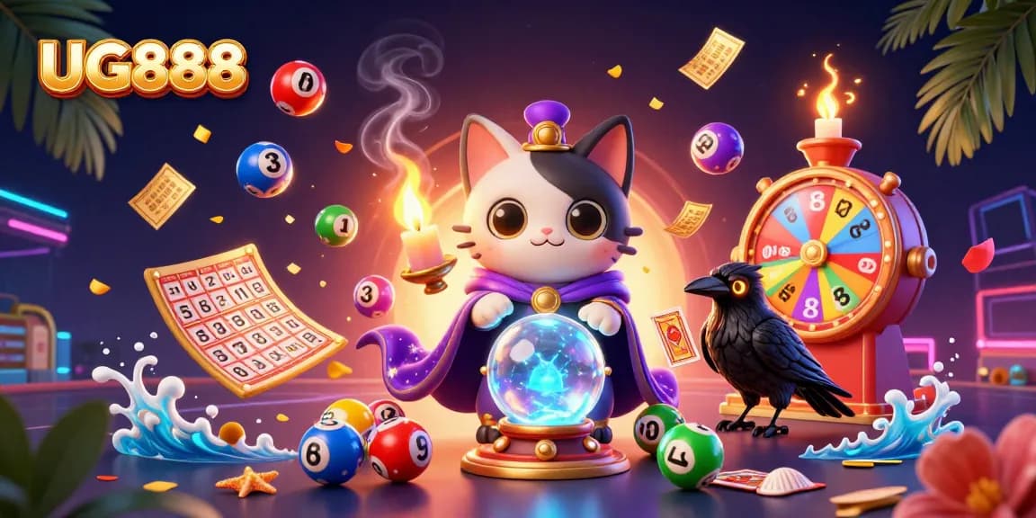 Experience the thrill of UG888 with vibrant lottery elements and captivating characters in this 3D illustration.