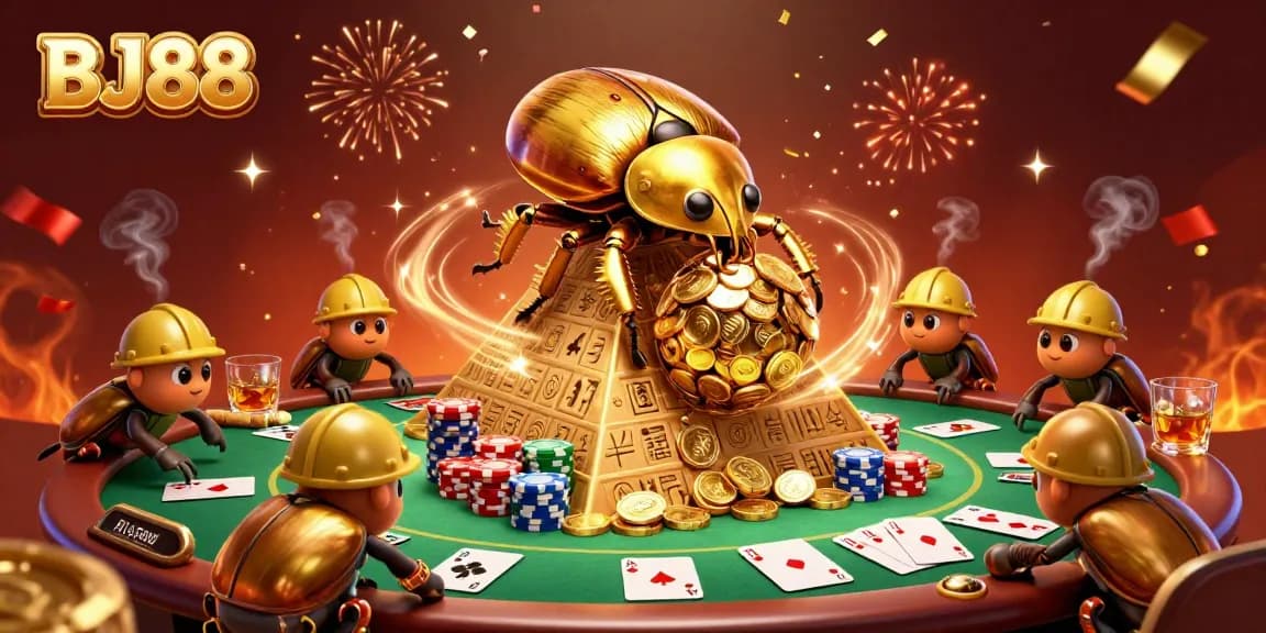 Engage with BJ88's vibrant casino scene featuring golden beetles amidst poker excitement.