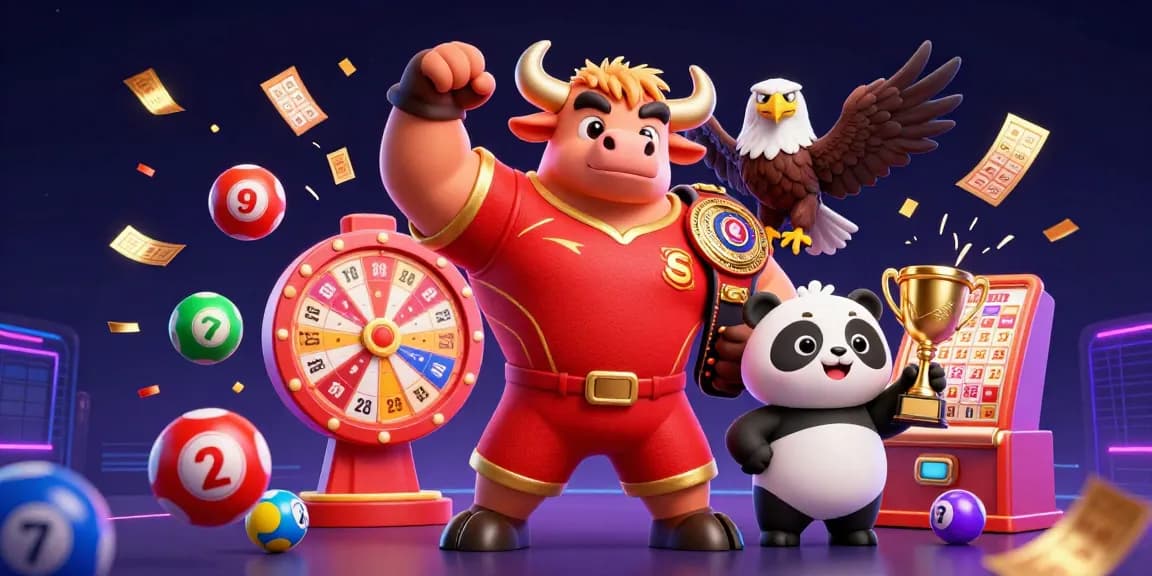 Experience Ok99 with a joyful panda, bull mascot, and eagle celebrating amidst festive casino elements.