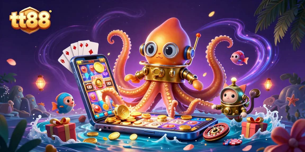 Experience excitement with tt88's vibrant casino scene featuring an adventurous diving cat and a colossal kraken.