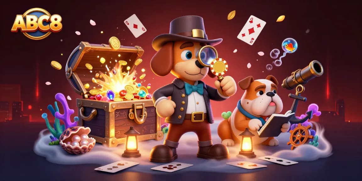 Engage in thrilling gameplay at ABC8 with immersive elements showcasing poker, treasure, and vibrant casino scenes.