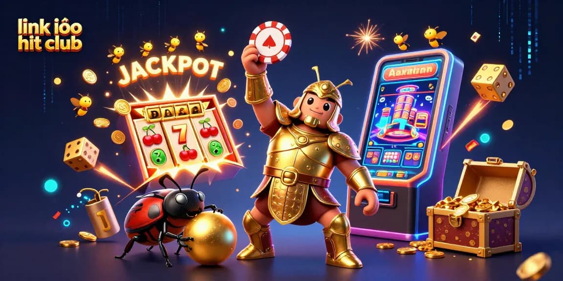Win big with link vào hit club, featuring a heroic beetle celebrating a casino jackpot!