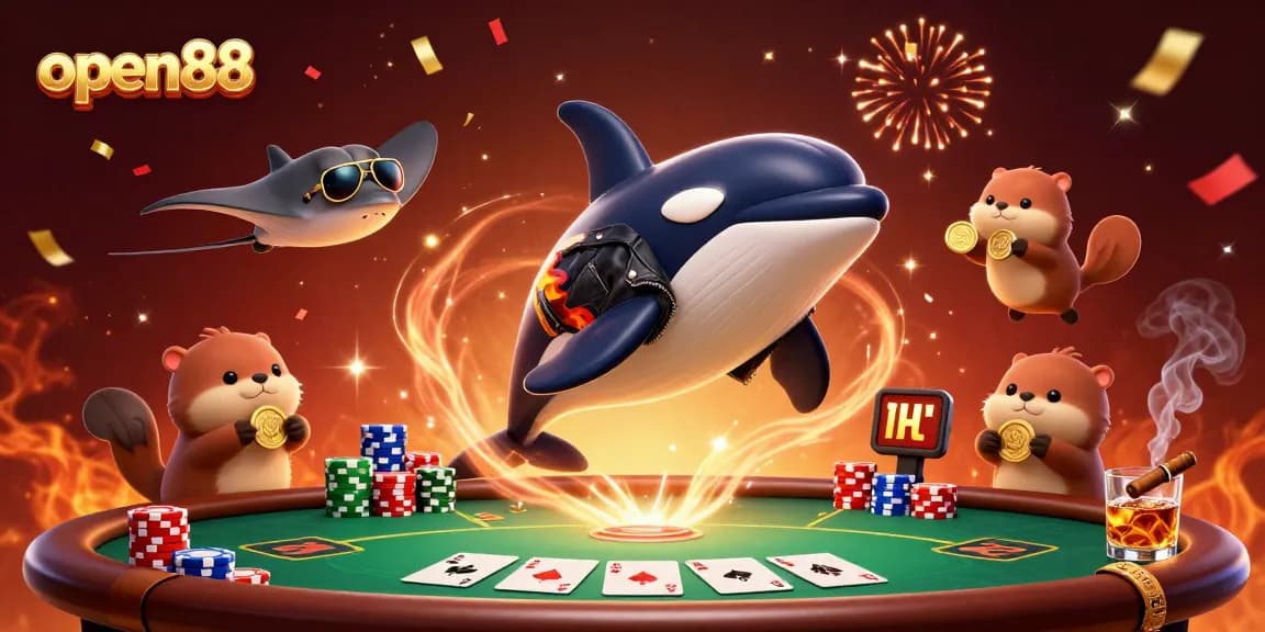 Experience thrilling moments at open88 with sea creatures celebrating wins at a poker table.