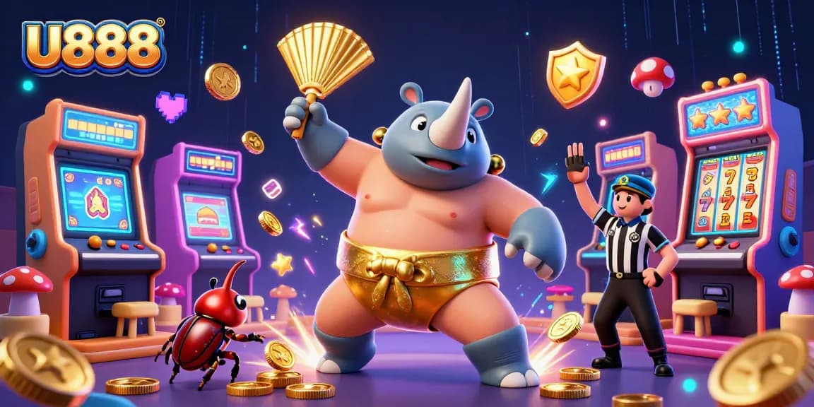 Experience the thrill of U888 with a cartoon beetle champion stomping coins in a colorful casino