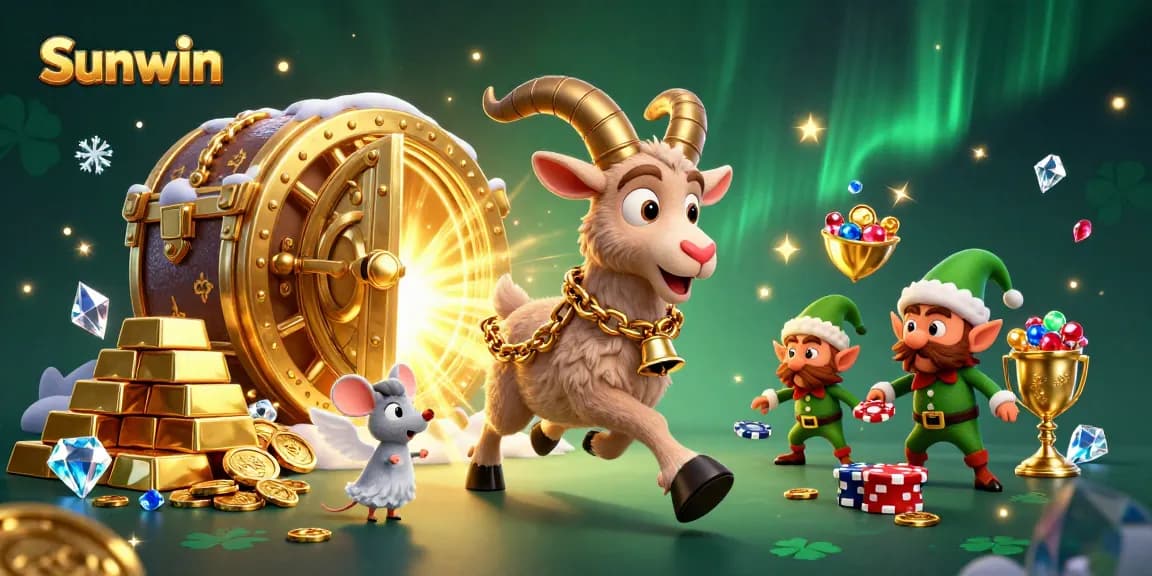Sunwin casino illustration: Krampus goat, angel mouse, and elf gremlins amid sparkling treasures.