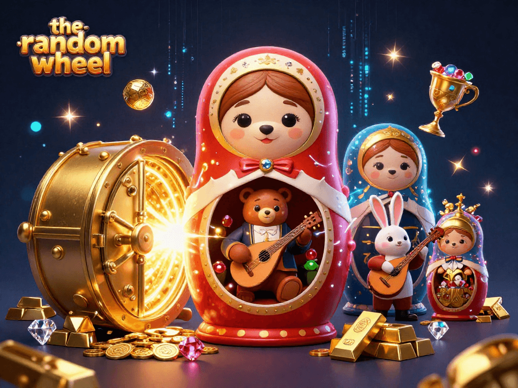 The-random-wheel brings excitement with a stunning 3D illustration featuring vibrant characters and gold treasures.