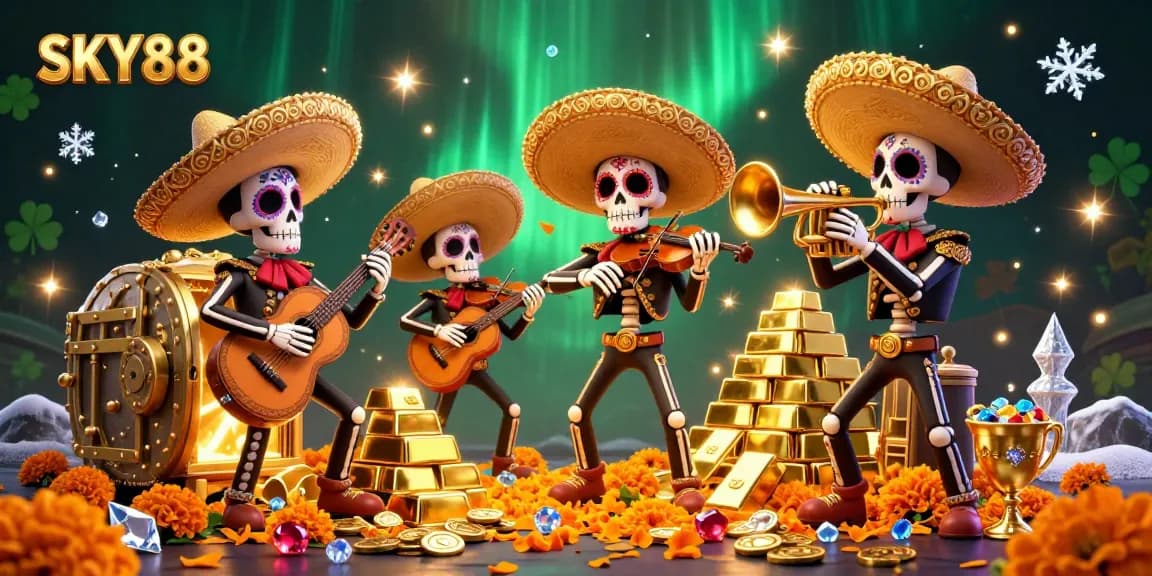 Experience the vibrant atmosphere of SKY88 with immersive mariachi musicians and treasure elements.
