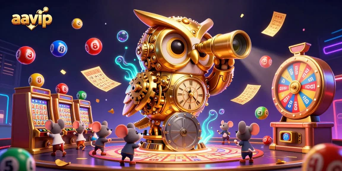 AAVIP engages players with vibrant casino action, featuring a golden clockwork owl surveying a dynamic gaming floor.