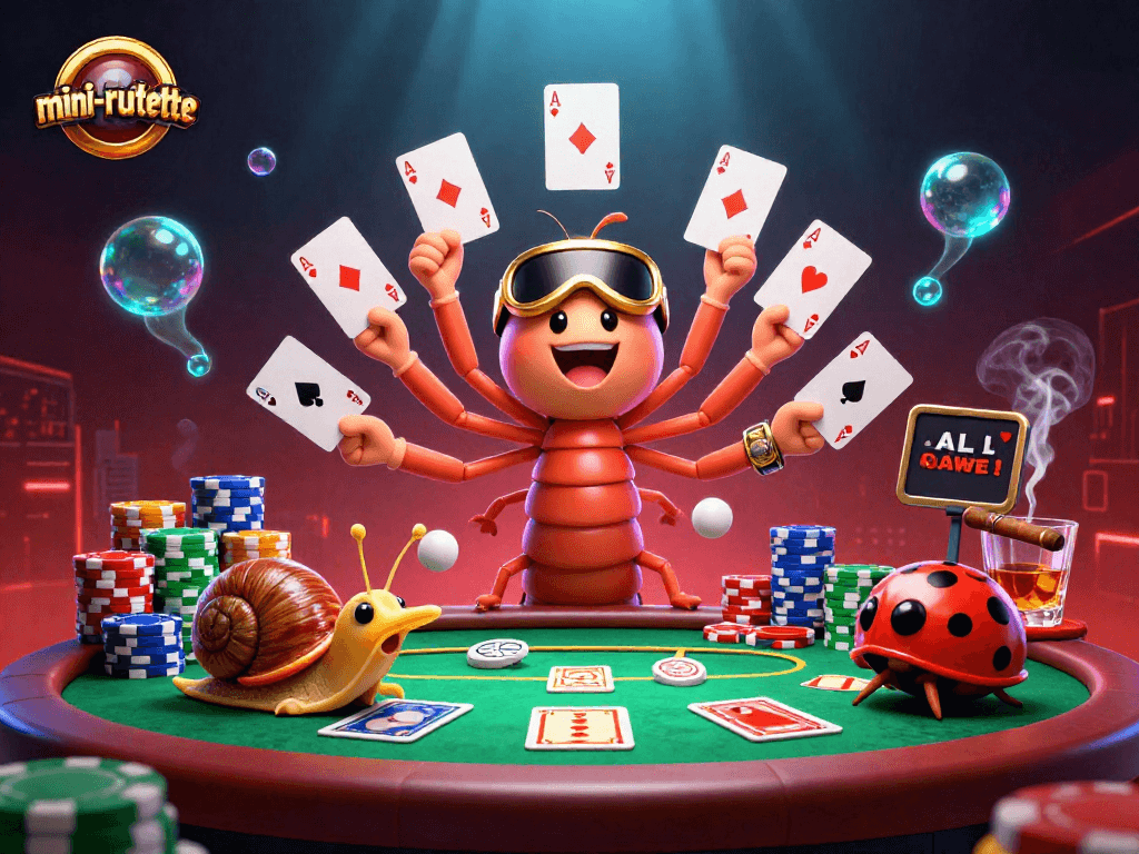 Engage in mini-roulette action with colorful cards, vibrant chip stacks, and lively casino atmosphere.