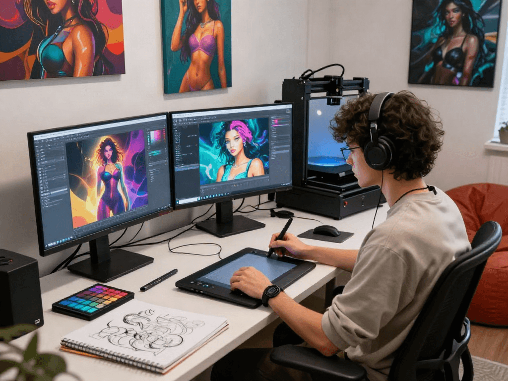 Artist using NSFW AI in a modern digital studio, creating vibrant graphics.