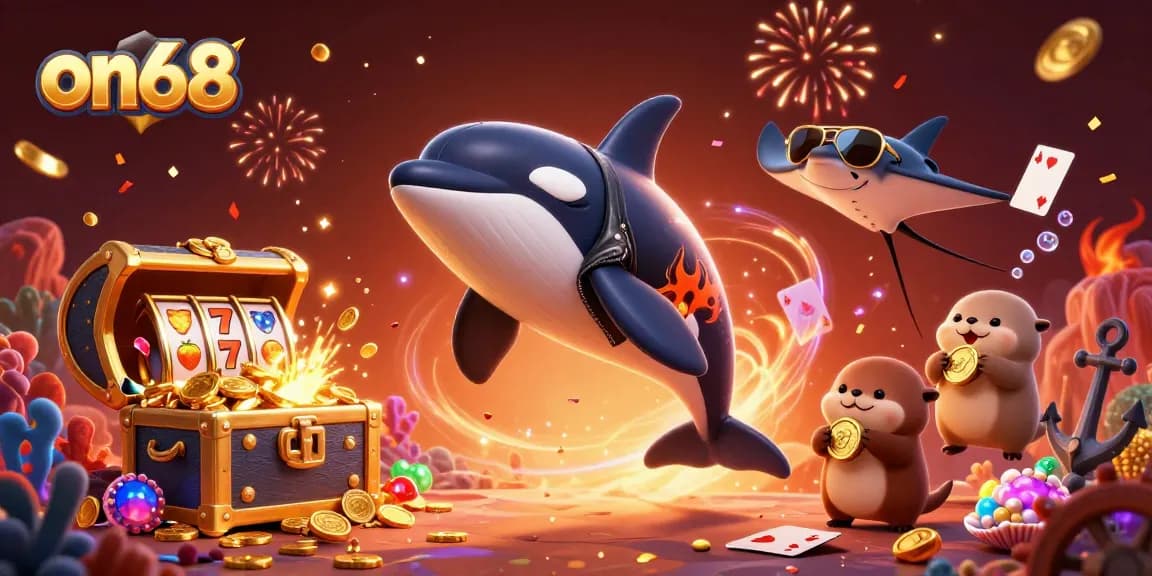 Spin with excitement on68 as a lively orca, stingray, and otters celebrate casino wins!