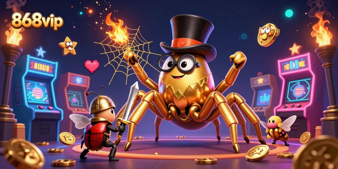 Experience thrilling gaming action at 868vip with a vibrant casino illustration featuring unique characters and game elements.
