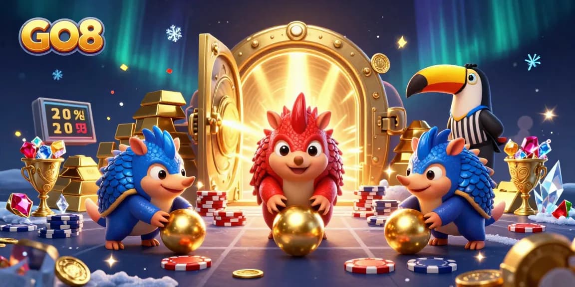 Experience exciting gaming action at GO8 as rival pangolins bowl through poker chips amidst treasures.