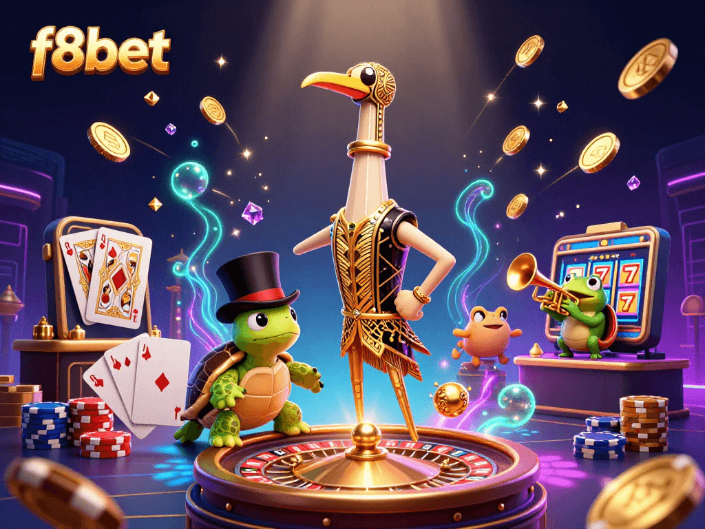 Experience f8bet’s thrilling gaming scene with vibrant characters and dynamic casino elements.
