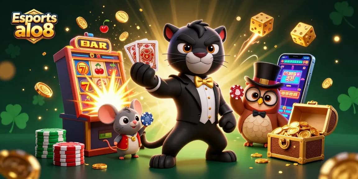 Immerse in Esports alo8 gaming with a 3D panther dealer and vibrant casino elements.