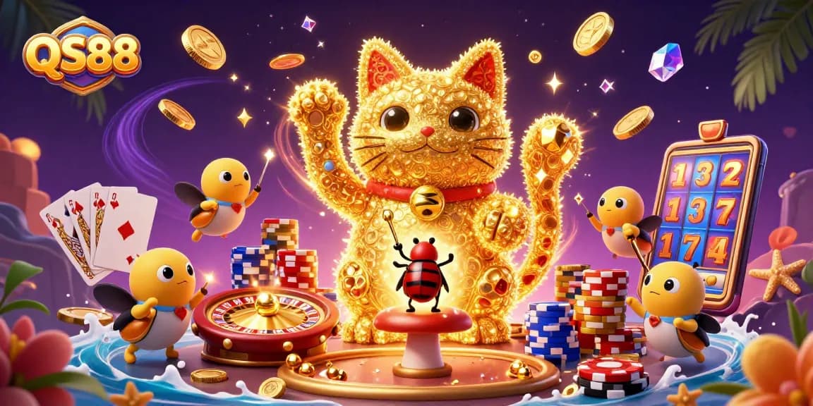 QS88 players enjoy a vibrant 3D lucky cat illustration amidst cascading coins and casino elements.