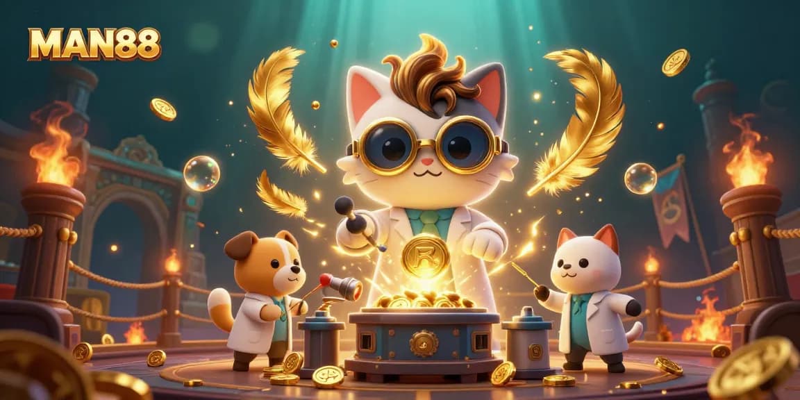 Win at MAN88 with a dynamic scene of a mad scientist cat and lab assistant in action!