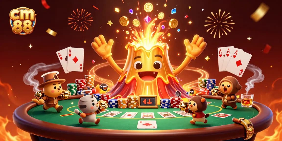 Engage with cm 88's vibrant online casino experience featuring a triumphant golden volcano and treasure.
