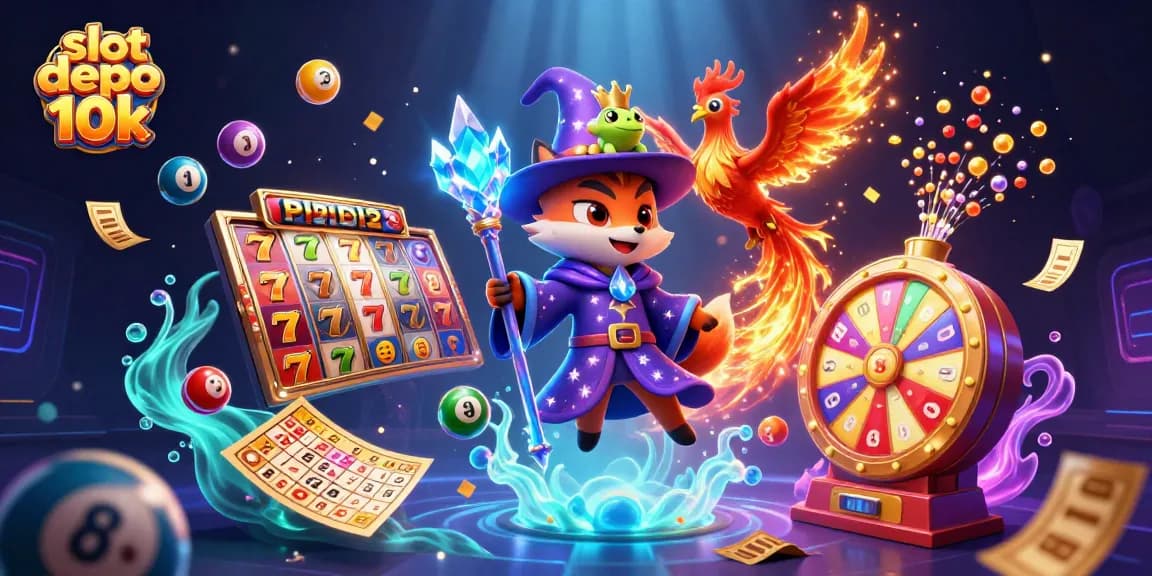 Engage with the vibrant world of slot depo 10k, showcasing exciting slot reels and animated characters.