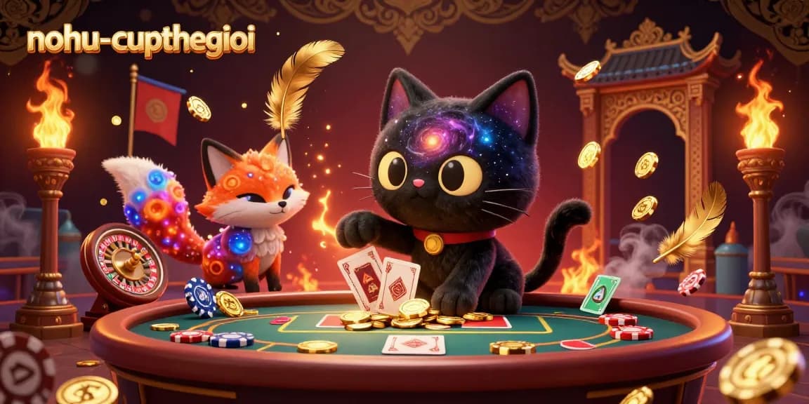 Nohu-cupthegioi cosmic casino illustration with a black hole cat and nebula fox, featuring dynamic betting elements.
