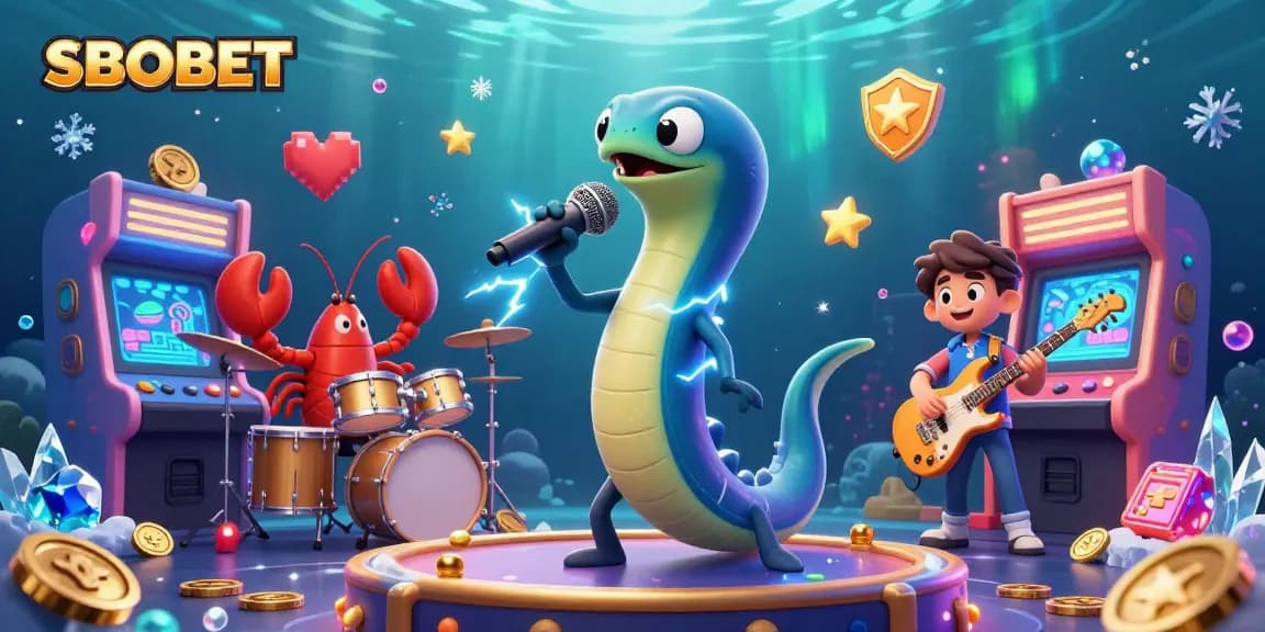 SBOBET showcases lively underwater casino entertainment with electric eel DJ and vibrant gaming elements.