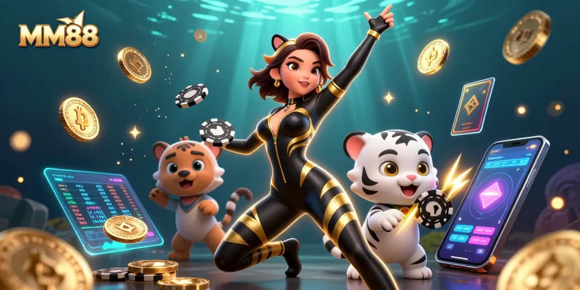 Experience excitement at MM88 with this vibrant gaming scene of a woman, tiger, and cryptocurrencies.
