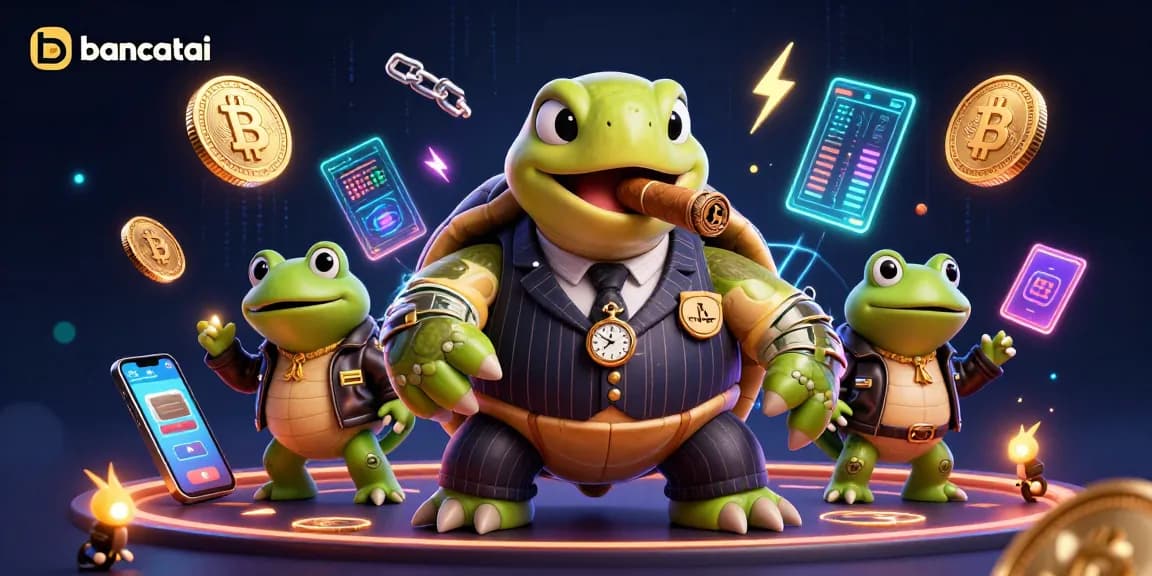 bancatai showcases a vibrant casino scene with a snapping turtle mobster, bullfrog enforcers, and crypto elements.
