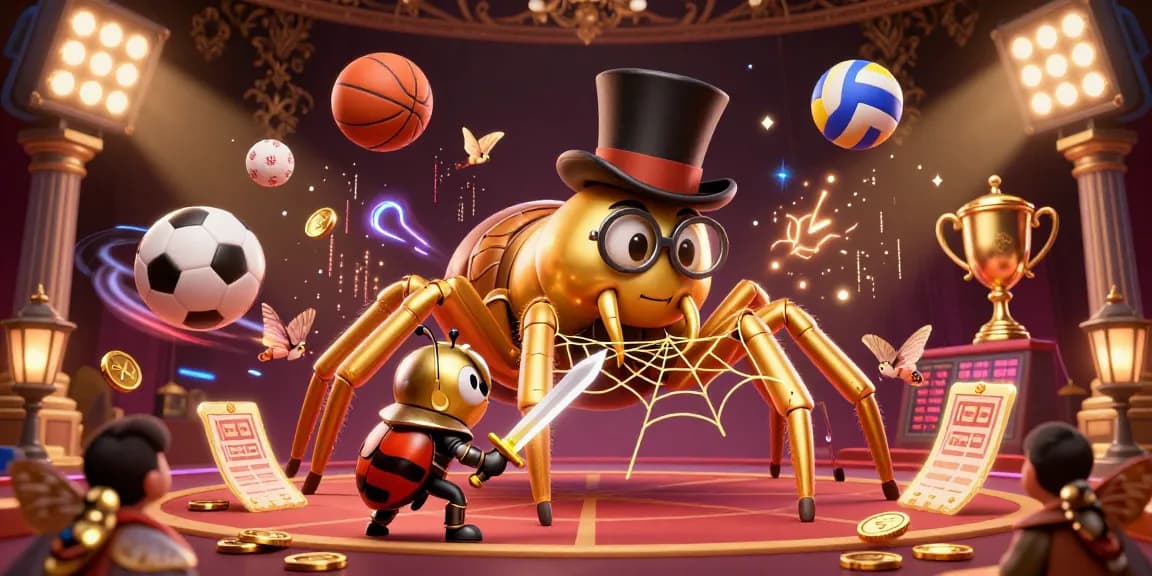 Experience thrilling gameplay at me88 with vibrant scenes featuring a giant tarantula and beetle knight amidst dynamic sports betting elements.