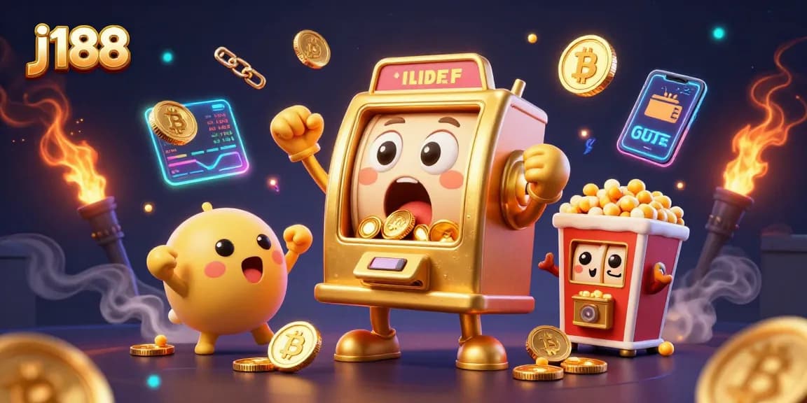 Experience j188's thrilling jackpot action with animated slot machines and glowing crypto elements.