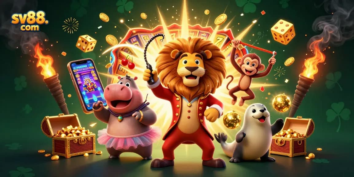 Witness the excitement at sv88. com with a vibrant casino-themed illustration featuring colorful characters and dynamic game elements.