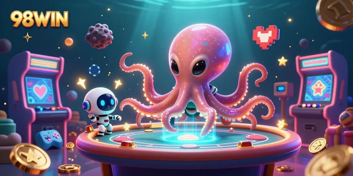 Join the excitement of the 98WIN casino with a thrilling alien octopus poker game illustration.