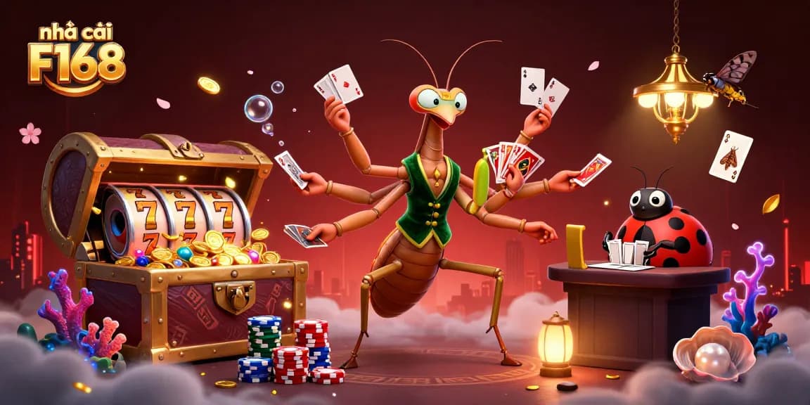 Experience the thrill of nhà cái F168 with a giant praying mantis card sharp and ladybug pit boss in a vibrant casino scene.