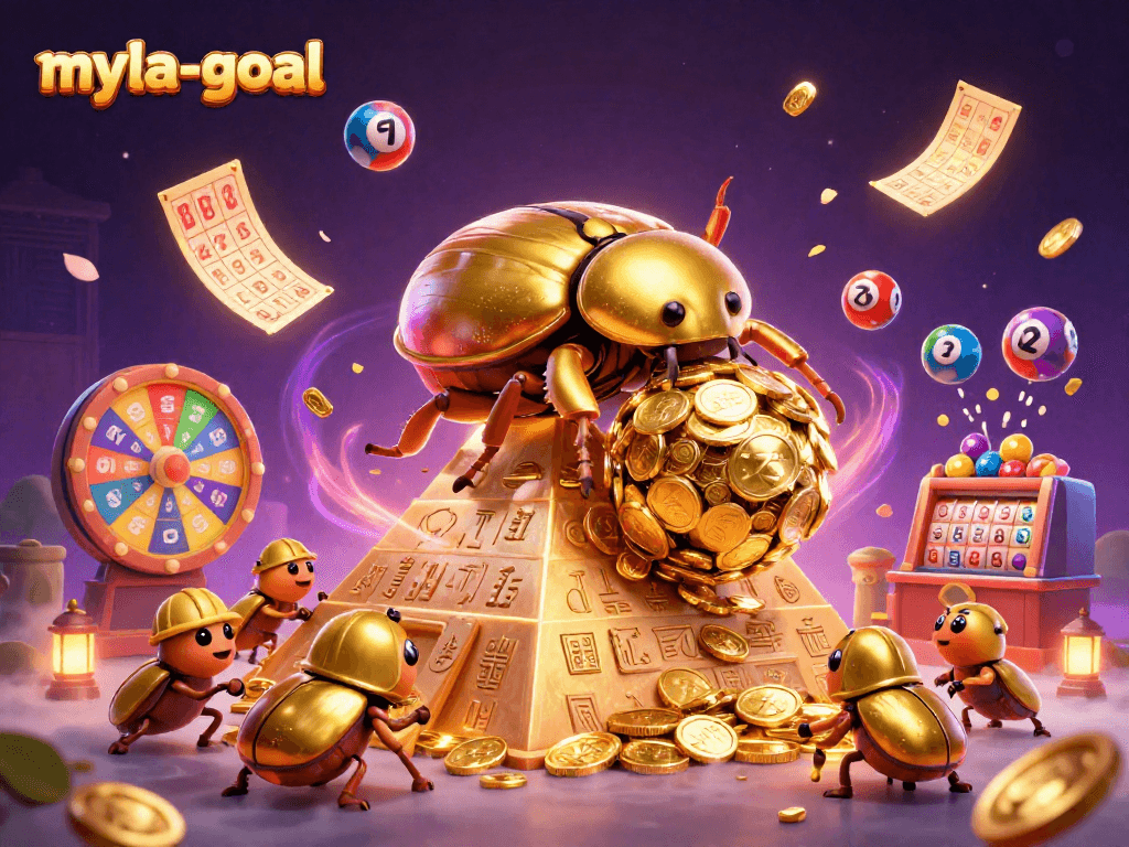 Engage with myla-goal while enjoying a vibrant lottery scene with bouncing balls and golden symbols.