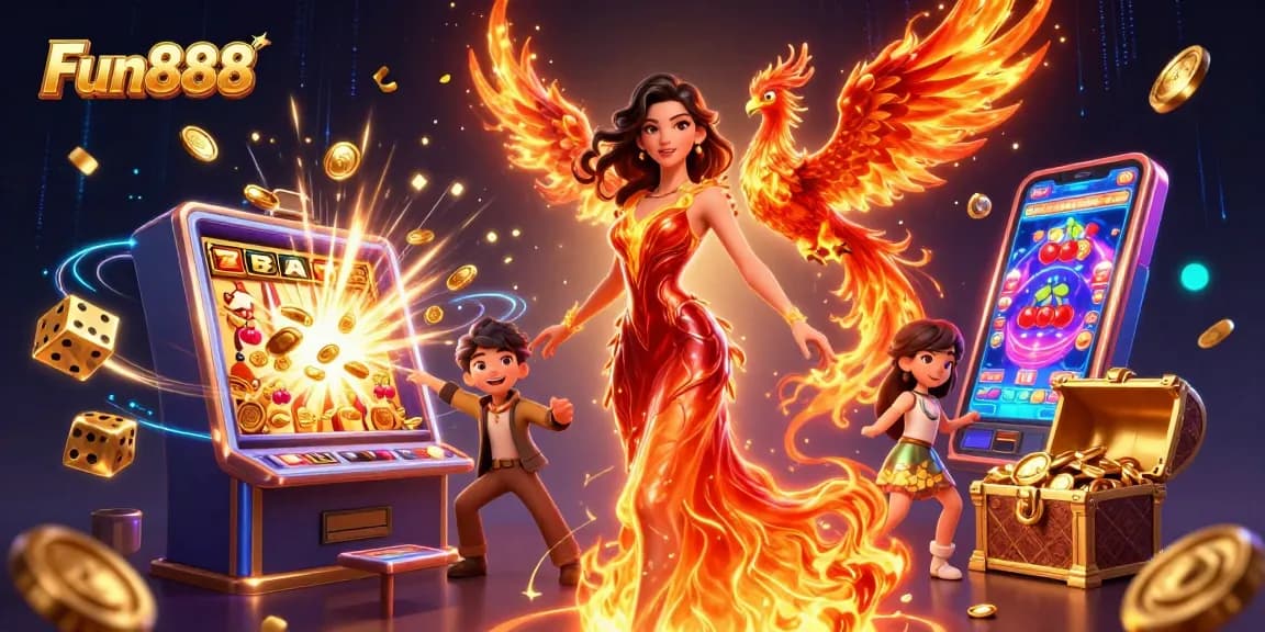 Win big at Fun888 with an exciting casino experience featuring a stunning illustration of games and rewards.