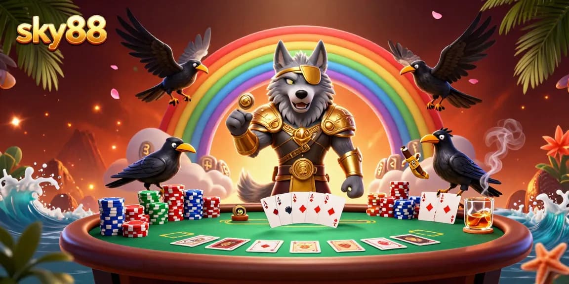 Experience the excitement of sky88 gaming with Odin and his ravens amidst vivid poker elements.