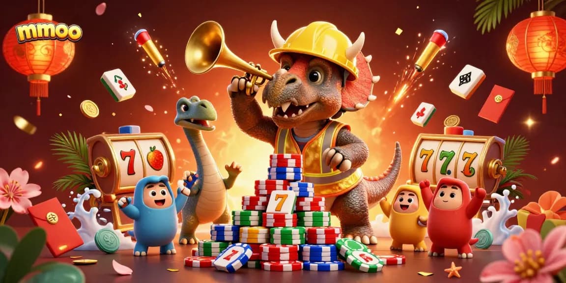 Cheerful scene of mmoo-themed casino fun with a triceratops, poker chips, and festive elements.