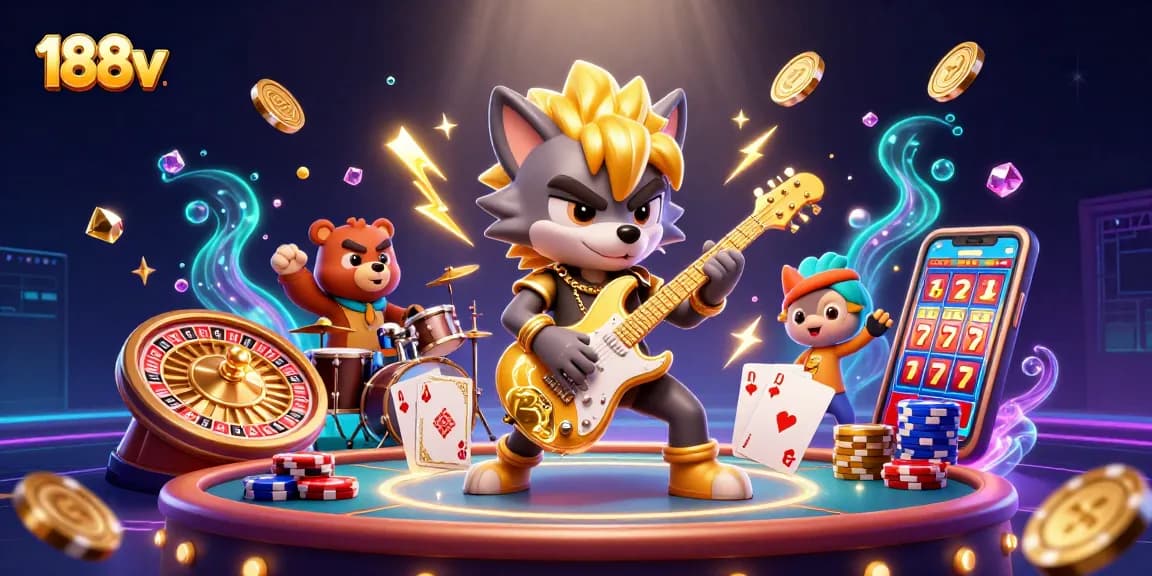Experience the thrill of 188v gaming with a rock star wolf in a vibrant casino scene.