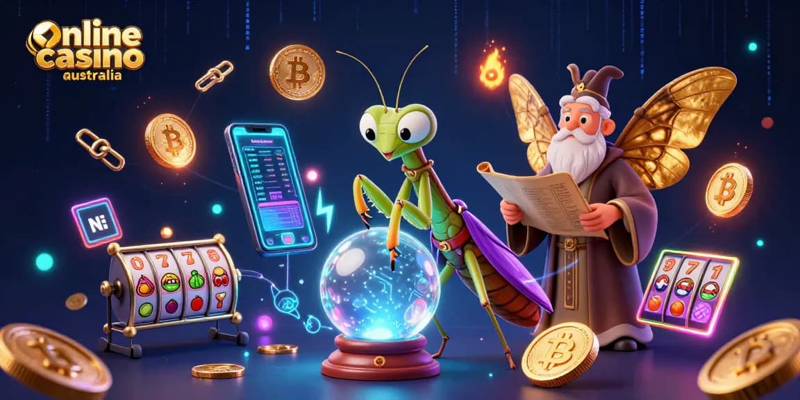 Experience the allure of an online casino Australia with a mystical 3D scene featuring vibrant slot elements.