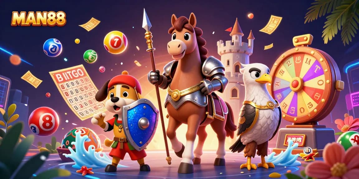 Experience thrill with MAN88's vibrant lottery scene featuring a knight, puppy, and falcon.