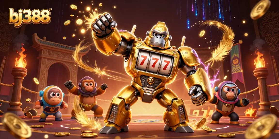 Experience thrilling gameplay at bj388, where a golden mech showcases its slot machine parts amidst a dynamic gambling arena.