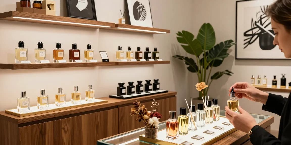 Browse a selection of est Niche Perfumes in a luxurious boutique with elegant decor.