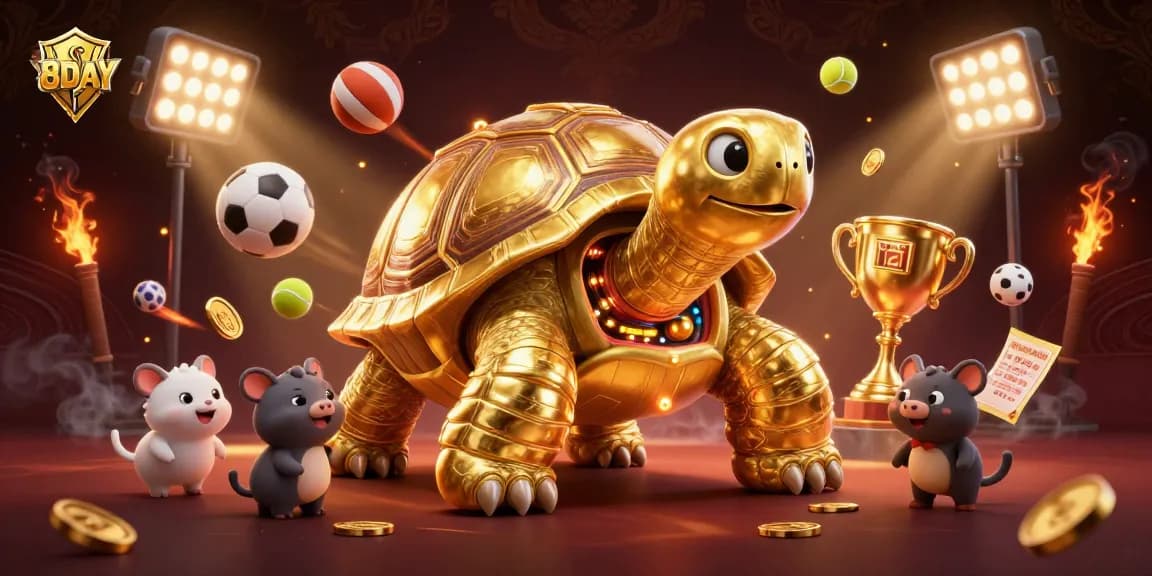 Experience thrilling gameplay at 8DAY with a giant tortoise pinball machine surrounded by dynamic sports elements.