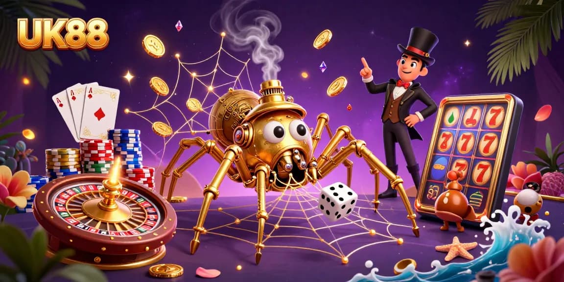 Unleash luck at UK88 with a steampunk spider weaving golden webs of chance, amidst vibrant casino elements.